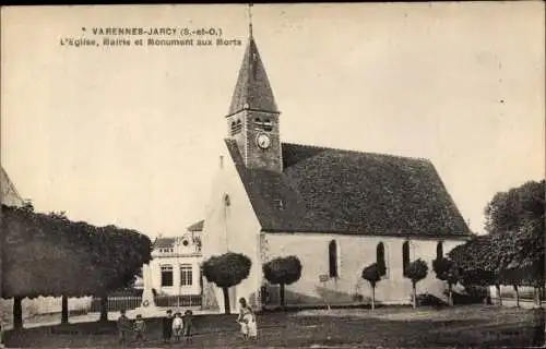 Ak Varennes Jarcy Essonne, L'Eglise, Mairie, Monument aux Morts