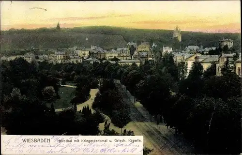Ak Wiesbaden in Hessen, Nerotal mit Kriegerdenkmal und Griech. Kapelle