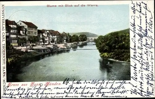 Ak Hann Münden, Blume mit Blick auf die Werra, Brücke