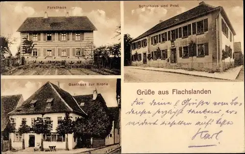 Ak Flachslanden in Mittelfranken, Forsthaus, Schulhaus, Post, Gasthaus zur Krone