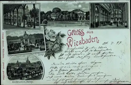 Mondschein Litho Wiesbaden in Hessen, Kurhaus, Kochbrunnen Anlage, Säulengang