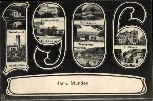 Ak Hann. Münden, Weserkastel, Aussichtsturm, Erholungsheim, Rathaus, Obertor, Forstakademie, 1906