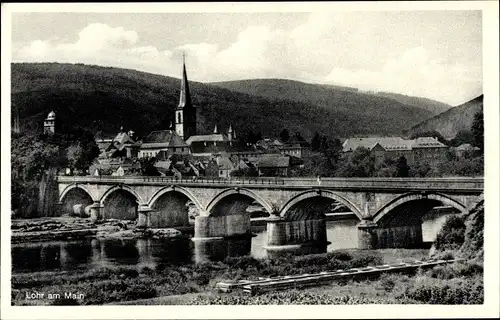 Ak Lohr am Main Unterfranken, Blick zur Brücke, Stadt