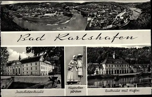Ak Bad Karlshafen an der Weser, Fliegeraufnahme, Invalidenhaus, Hugenottenpärchen, Rathaus