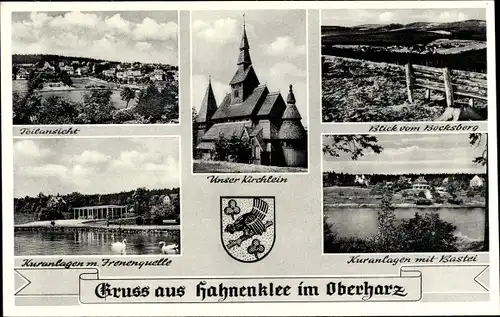 Ak Hahnenklee Bockswiese Goslar im Harz, Kirche, Teilansicht, Kuranlagen m. Irenenquelle, Bastei