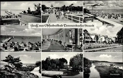 Ak Ostseebad Timmendorfer Strand, Kurpark, Landungsbrücke, Promenade, Strandhallen