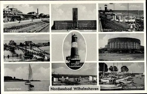 Ak Wilhelmshaven Niedersachsen, Rathaus, Arngast Leuchtturm, Geniusbank, Strandhalle, Hafen, Brücke