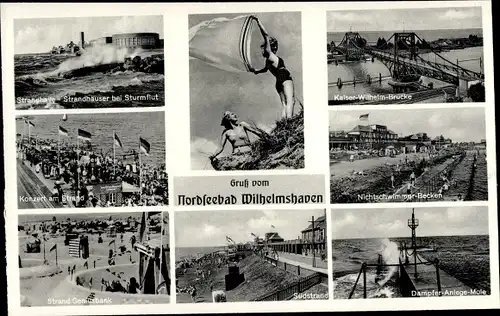 Ak Wilhelmshaven in Niedersachsen, Kaiser Wilhelm Brücke, Strandhalle, Konzert, Anleger