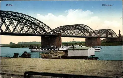 Ak Riesa an der Elbe Sachsen, Elbbrücke, Dampfer