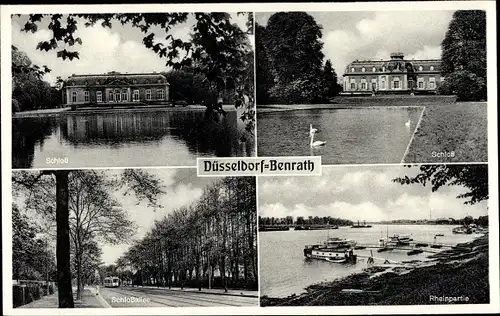 Ak Düsseldorf Benrath, Schloss, Gesamtansicht, Schlossallee, Rheinufer, Binnenschiffe