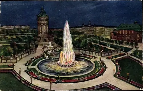 Ak Mannheim in Baden, Friedrchsplatz, Leuchtfontaine, Wasserturm