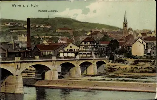 Ak Wetter an der Ruhr, Brücke, Fabrik, Kirche, Wohnhäuser, Harkortdenkmal