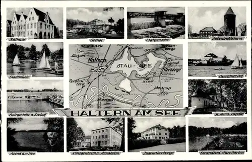 Ak Haltern am See Westfalen, Hotel Seehof, Strandbad, Jugendherberge, Annaheim, Rathaus, Seehof