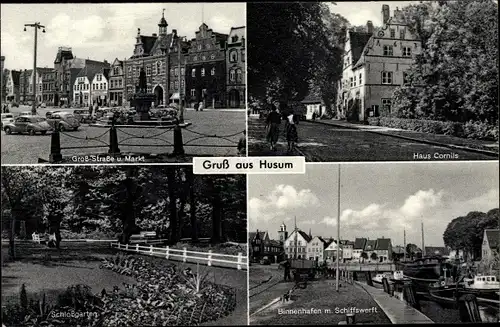 Ak Husum in Nordfriesland, Groß Straße, Haus Cornils, Marktplatz, Werft, Binnenhafen, Schlossgarten