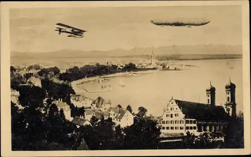 Ak Friedrichshafen am Bodensee, Panorama, Zeppelin, Flugzeug