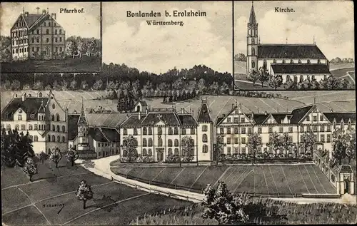 Künstler Ak Bonlanden Berkheim in Oberschwaben, Kirche, Pfarrhof, Teilansicht
