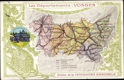 Landkarten Ak Epinal Vosges, Cloitre de St. Die, Mirecourt, Neufchateau, Chocolaterie d'Aiguebelle