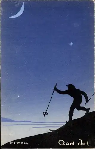 Künstler Ak Ekman, Elsa, Glückwunsch Weihnachten, Skifahrer, Mondschein