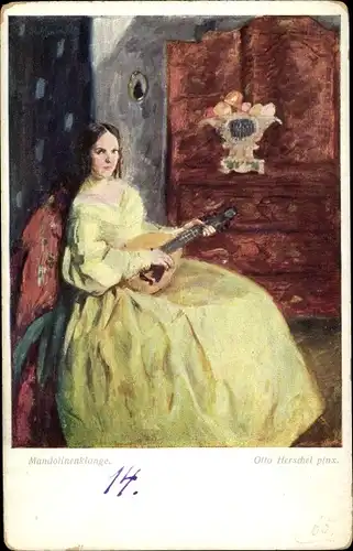 Künstler Ak Herschel, Mandolinenklänge, Frau in gelbem Kleid