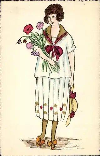 Ak Frau mit Blumen im Arm