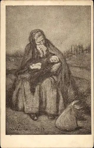 Künstler Ak Faivre, Abel, Arme alte Frau mit Baby, Secours National