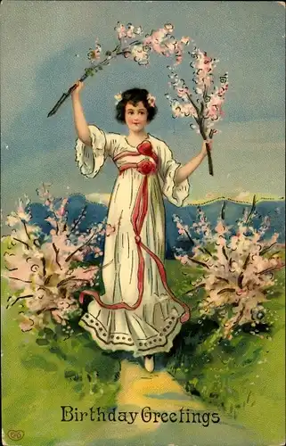 Ak Glückwunsch Geburtstag, Frau mit Blütenzweigen