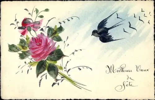 Handgemalt Ak Rosen und fliegende Vögel