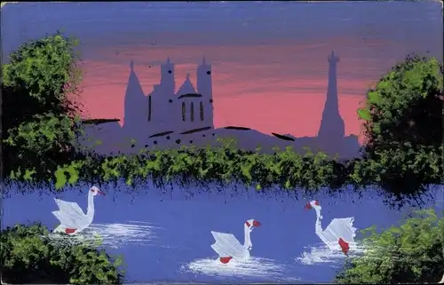 Handgemalt Ak Schwäne auf dem Wasser, Ortschaft