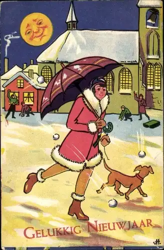 Ak Glückwunsch Neujahr, Jungen werfen Schneebälle auf Frau mit Regenschirm