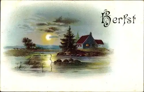 Glitzer Litho Herbst, Allegorie, Landschaft im Mondschein