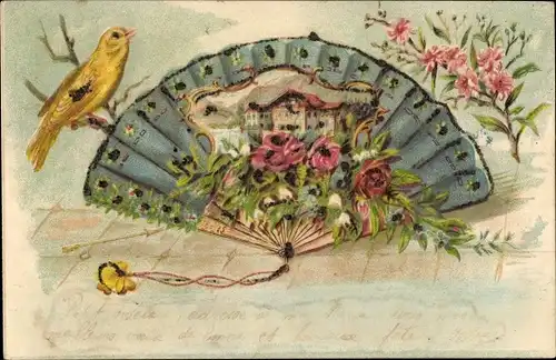 Glitzer Litho Fächer mit Landschaft und Blumen, gelber Vogel