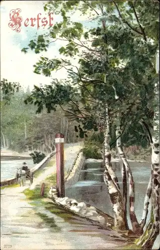 Glitzer Litho Herbst, Allegorie, Brücke, Pappeln