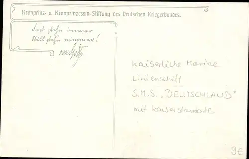 Künstler Ak Stöwer, Willy, Kriegsschiff SMS Deutschland, Linienschiff, Kaiserstandarte