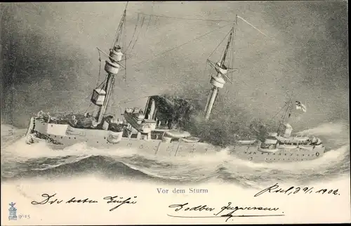 Litho Kriegsschiff, SMS Panzerschiff, Kaiserliche Marine, Vor dem Sturm