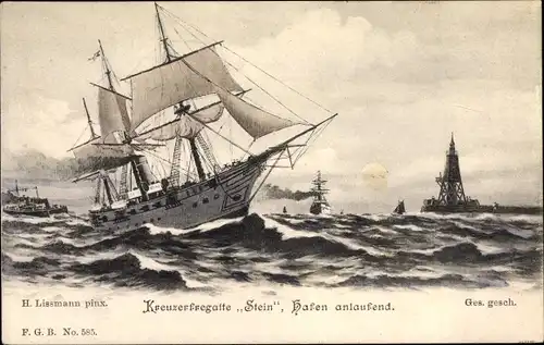 Litho Kriegsschiff, Kreuzerfregatte SMS Stein, Kaiserliche Marine, Segelschiff, Hafen anlaufend