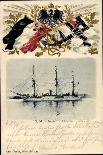 Präge Wappen Ak Kriegsschiff, SM Schulschiff Stosch, Segelschiff, Kaiserliche Marine