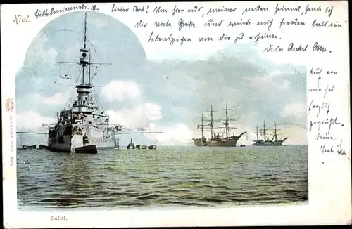 Ak Kriegsschiff, Kaiserliche Marine, Hansestadt Kiel, Salut