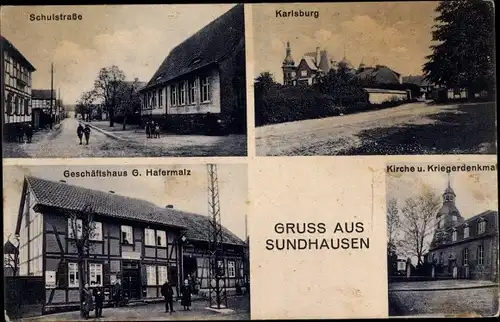 Ak Sundhausen Nordhausen am Harz, Carlsburg, Schulstraße, Geschäftshaus, Kirche, Kriegerdenkmal