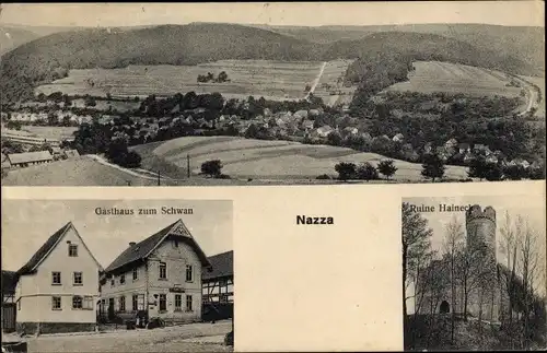 Ak Nazza Thüringen, Blick auf den Ort, Ruine Haineck, Gasthaus Zum Schwan