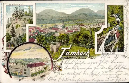 Litho Tambach Dietharz in Thüringen, Hotel zum Lamm, Napoleonstein, Spitterfall