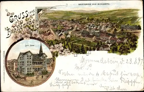 Litho Brotterode Trusetal in Thüringen, Blick auf den Ort vom Burgberg aus, Cafe Fuchs
