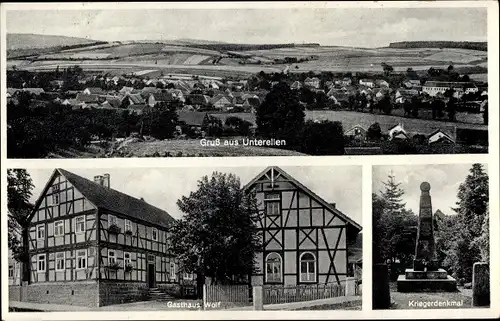 Ak Unterellen Gerstungen in Thüringen, Kriegerdenkmal, Gasthaus Wolf, Blick auf den Ort