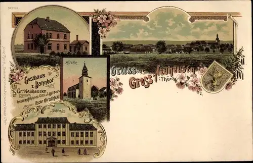 Litho Großneuhausen in Thüringen, Gasthaus zum Bahnhof, Kirche, Schloss, Totalansicht