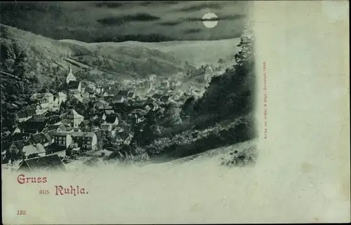 Mondschein Ak Ruhla in Thüringen, Totalansicht der Ortschaft