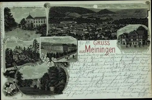 Mondschein Litho Meiningen in Thüringen, Henneberger Haus, Kaserne, Palais mit Teich