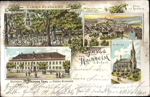 Litho Hochheim Erfurt in Thüringen, Gasthaus zum Grünen Tal, evangelische Kirche, Ortsansicht