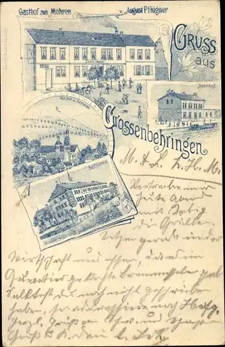 Litho Großenbehringen Hörselberg Hainich in Thüringen, Gasthof zum Mohren, Bahnhof, Schloss