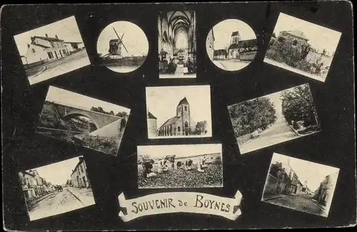 Ak Boynes Loiret, Kirche, Windmühle, Bauern, Brücke, Ortsansichten