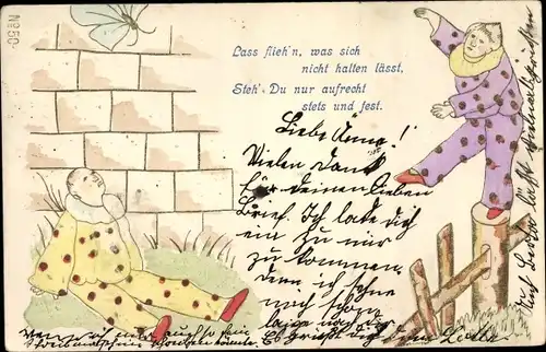 Litho Lass flieh'n, was sich nicht halten lässt, balancierender Clown