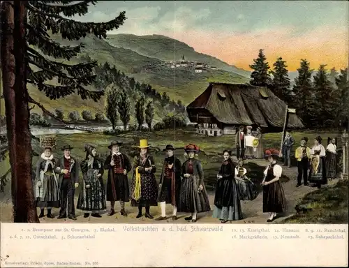 Klapp Ak Volkstrachten aus dem badischen Schwarzwald, St Georgen, Elzthal, Gutachthal, Schonachtal